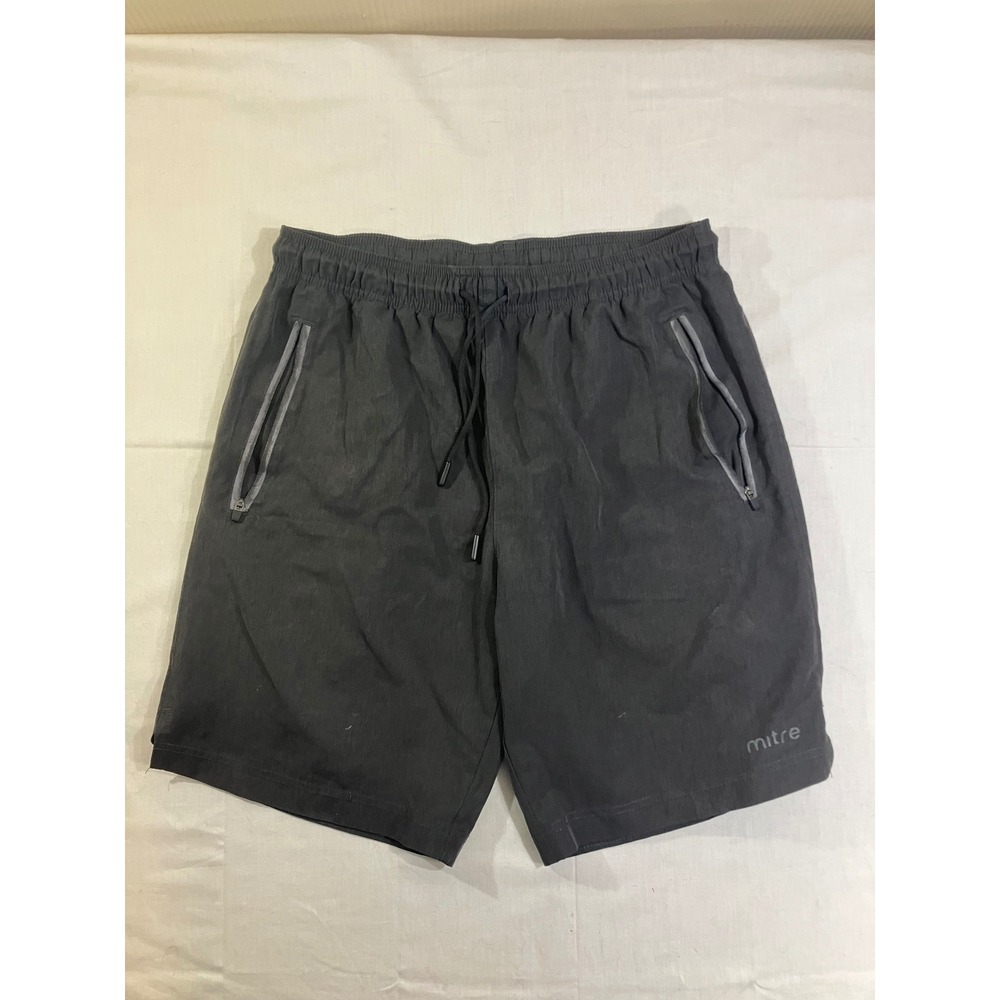Mitre Mens Athletic Shorts Charcoal Gray Elastic Waist Zipper Pockets Size L